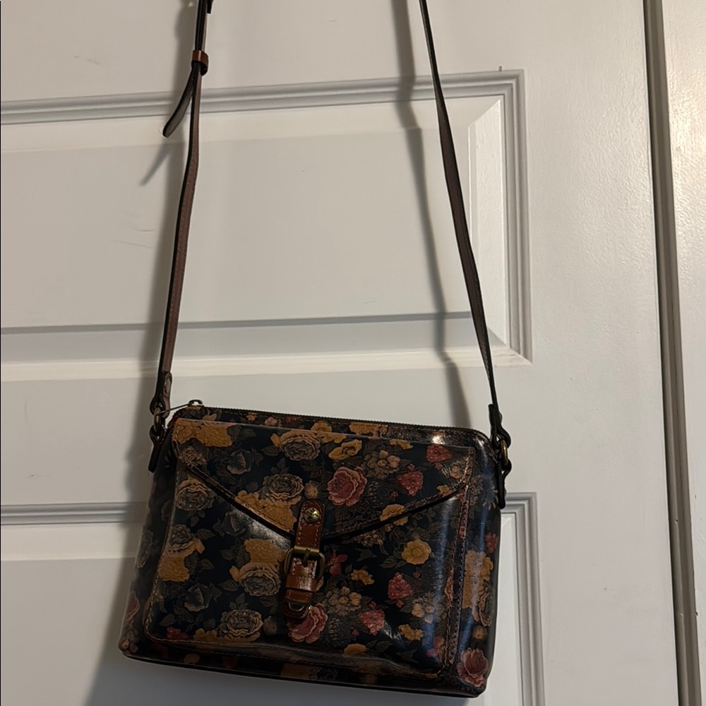 Patricia Nash Black and Brown Crossbody Bag with Smooth Finish and Long Strap